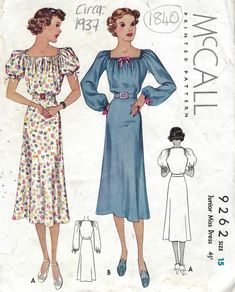 ~ Circa/Date: 1937 ~ Details:     TWO STYLE VARIATION DRESS ~ Size/Measurements (Inches):    ~ Size: 15        ~ BUST: 33″          ~ Waist: 27 1/2″          ~ Hip: 36″ ~ Please Note: ~ You are buying a 'Professional Reproduced' copy of this sewing pattern. Copied from the original sewing pattern. Produced in Full Scale Pattern Pieces ready to cut with full instructions included. Reproduced on high quality 50 gm paper with black ink, durable and easier for reuse. Printed by a Professional Printing Company.   ~ With this product comes an accompanying 'Booklet' and inside the Booklet it includes: ~ A 2-page Instructions and Illustrations on 'How to Adjust Your pattern to your Personal Measurement.' ~ Personal Measurement Chart ~ Body Form Illustrations ~ Fitting Checklist ~ Metric Equivalenc 1930's Dress Pattern, Sleep Ware, Vintage Dress Sewing Patterns, 1930's Dresses, Dressmaking Patterns, Dress Sewing Patterns Free, 1930's Fashion, Sewing Vintage, Glass Menagerie