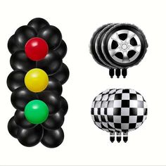 some balloons that are in the shape of traffic lights and cars wheels on white background