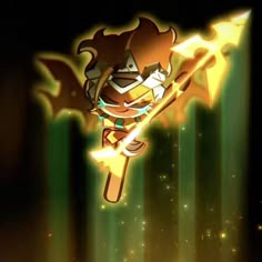 an animated character holding a baseball bat in front of green and yellow light beams with stars