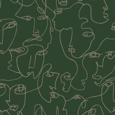 an abstract drawing of many faces on a dark green background with white lines in the middle