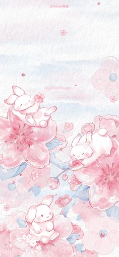 watercolor painting of pink flowers and two teddy bears in the middle with blue sky background