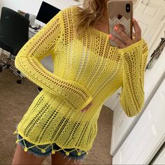 Note: Never Worn! Perfect Condition. However, The White Hanger Strings Were Removed When I Thought It Was Something I Planned To Keep (But Given The Sheerness Of The Sweater, They’ll Need To Be Removed In Order To Wear). This Yellow Open Weave Sweater Pairs Perfectly Over A Tank Or As A Cover Up At The Beach. The Bottom Features Playful Pom-Pom Detail. 60% Cotton 40% Acrylic Casual Long Sleeve Vacation Cover-up, Casual Long Sleeve Cover-up For Day Out, Casual Long Sleeve Open Knit Cover-up, Long Sleeve Tops For Vacation Day Out, Casual Long Sleeve Beach Season Cover-up, Spring Long Sleeve Beachy Tops, Beachy Long Sleeve Tops For Spring, Yellow Long Sleeve Tops For Beach Season, Casual Yellow Beach Tops