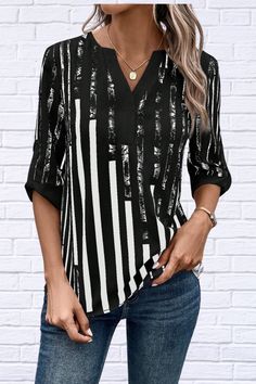 Indulge in timeless elegance with our Striped Notched Half Sleeve Blouse. This classic shirt boasts a chic design, perfect for any occasion. The notched half sleeves add a touch of sophistication, making you stand out in a crowd. Elevate your wardrobe and make a statement with this elegant piece. Shipping 7 To 14 Days Features: Basic style Sheer: Opaque Stretch: No stretch Material composition: 100% polyester Care instructions: Machine wash cold. Tumble dry low. Imported Product measurements:S:B