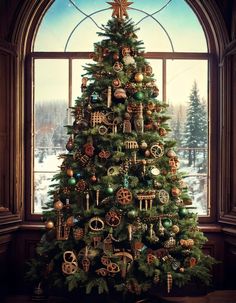 a decorated christmas tree in front of a window