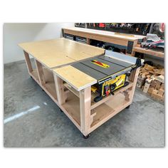 a workbench with tools on it in a garage