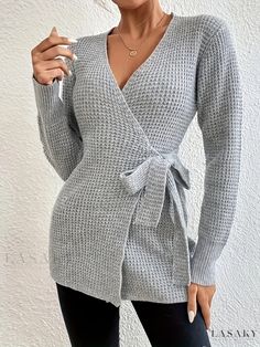 Lasaky – Womens Plus Size Knit Top – Casual Solid Long Sleeve Surplice Neck Sweater with Knot Wrap Design – Lasaky Fashion Boutique Non-stretch Long Sleeve Knitted Sweater, Fall V-neck Knitted Sweater, Knitted Long Sleeve Tops For Fall, Winter Knitted Long Sleeve Tops, Knitted Long Sleeve Sweater, Long Sleeve Knitted Sweater, Gray Knitted Sweater For Fall, Gray Knit Sweater For Fall, Fitted Knit Wrap Sweater