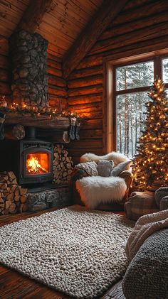 a living room with a christmas tree in the corner and a fire place next to it