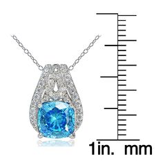 Wear the look of luxury and enjoy the vintage of elegance with this breathtaking 100 facets cubic zirconia necklace. The 100 facets transform the ordinary cubic zirconia stone into a brilliant jewel. The slide necklace showcases a light blue cushion-cut CZ stone accented by smaller cubic zirconia stones. The necklace is crafted by platinum plated sterling silver. The total carat weight is 4ct. Product Details Metal Type sterling-silver Metal Stamp 925-sterling Weight 3.2GR Length 18IN Width 11.7 Sapphire Necklace With Sparkling Stones For Anniversary, Dazzling Sapphire Color Cubic Zirconia Necklace, Dazzling Sapphire Cubic Zirconia Necklace, Sapphire Necklace With Diamond Cut Cubic Zirconia, Formal Cubic Zirconia Birthstone Diamond Necklace, Sapphire Cubic Zirconia Necklace With Prong Setting, Dazzling Cubic Zirconia Birthstone Necklace, Dazzling Cubic Zirconia Birthstone Necklaces, Sapphire Necklaces With Diamond Accents And Cubic Zirconia