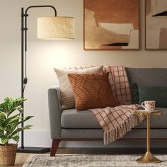 a living room with a couch, coffee table and potted plant on the floor