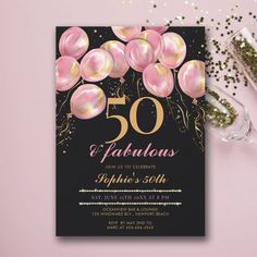 a 50th birthday party with balloons and confetti in glasses on a pink background