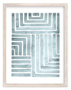 a white frame holding a painting with blue watercolors on it and an abstract pattern in the middle