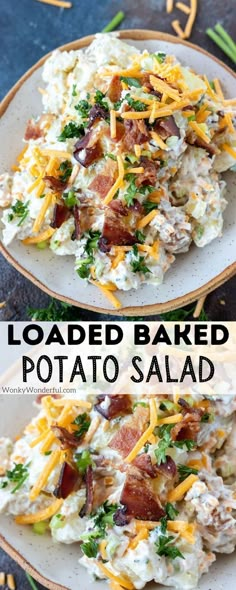 loaded baked potato salad with bacon, cheese and lettuce on top in two separate plates