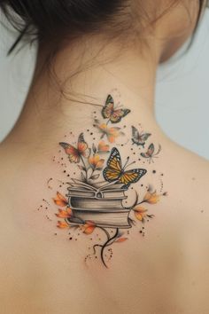 Hummingbird And Book Tattoo, Book Lover Tattoo Ideas For Women, Moon And Book Tattoo, Tree And Book Tattoo, Book With Pages Flying Out Tattoo, Book Memorial Tattoo, Mother Dragon Tattoo, Butterfly And Book Tattoo, Book Reader Tattoo Ideas