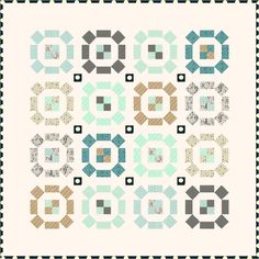 a quilt pattern with squares and circles in blue, brown, and beige colors on it