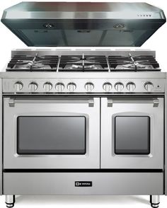 an oven with the hood open and two burners on it's sides, in front of a white background