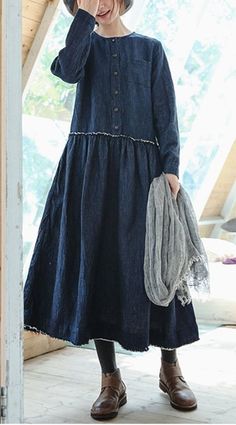 Elegant Women Cotton Linen Blue Maxi Dresses For Fall Fitted Blue Long Sleeve Dress For Spring, Navy Cotton Midi Dress For Spring, Cotton Long Sleeve Shift Maxi Dress, Casual Non-stretch Long Sleeve Dress, Non-stretch Long Sleeve Casual Dress, Blue Long Sleeve Maxi Dress For Fall, Casual Denim Blue Maxi Dress, Cotton Shift Maxi Dress With Long Sleeves, Blue Long Sleeve Midi Dress For Spring