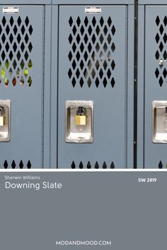 two blue lockers with yellow tags on them and the words down state written in white