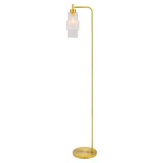 a gold floor lamp with a white shade on the base and a round light fixture