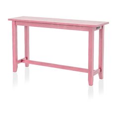 a pink wooden table with one leg extended and two legs down, on a white background