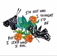 an image of butterflies and flowers with words written on the backround to say i'm not who i thought i'd be, but i like who i am