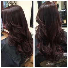 Amethyst Brown Hair Color, Dark Brown Purple Tint Hair, Violet Based Brown Hair, Dark Plum Highlights On Dark Hair, Black Burgundy Hair Color, Deep Eggplant Hair Color, Black Cherry Hair Balayage, Dark Mahogany Balayage, Blackberry Brown Hair