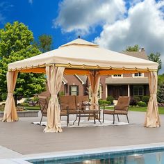 an outdoor gazebo with chairs and tables next to a pool