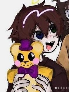 two anime characters holding stuffed animals in their hands and smiling at the camera, one is wearing a brown jacket