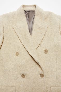 <div>Double-breasted wool coat is cut to a relaxed fit with constructed padded shoulders and below the knee length. Crafted from a wool blend with a soft hairy finish. Complete with a front button-up closure and back belt detail.</div> Suit Jacket Dress, Frederic Malle, Denim T Shirt, Children Shoes, Denim Gift, Leather Pieces, Wardrobe Style, Clothes Collection, Small Leather Goods