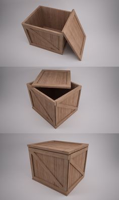 three wooden boxes are shown with different angles and sizes, one is open and the other has