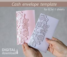 two handmade cards being held up with the text cash envelope template for 8x1 sheets