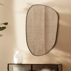 an oval mirror hanging on the wall above a cabinet with vases and plants in it