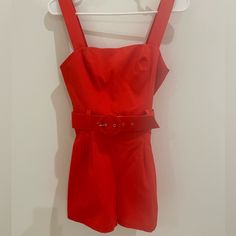 Red Romper With Belt And Ruched Back Detailing. Red High-waisted Jumpsuits And Rompers For Summer, Chic Red High Waist Jumpsuits And Rompers, Chic Red High-waisted Jumpsuits And Rompers, Red Fitted Jumpsuits For Day Out, Brown Romper, Tropical Romper, Yellow Snake, Brown Jumpsuits, Lavender Brown