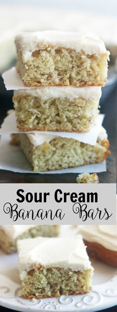 four pieces of banana cream cake on a plate with the words sour cream banana bars