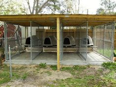 two dogs kennels in the middle of a yard