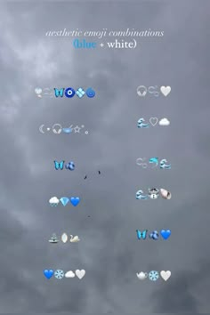 blue and white hearts are floating in the air on a cloudy day with words above them