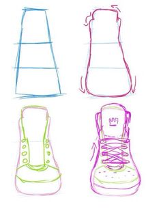 four pairs of shoes are shown in different colors and sizes, with the shoe laces down