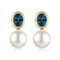 Heritage 14K Solid Gold Natural Topaz London Blue Gemstone Round Baroque Pearls Convertible Earrings *Metal: 14K Solid Gold *Gemstone:    - Type: Natural Topaz    - Cut: Oval-Cut   - Color: London Blue    - Clarity: Eye-Clean    - Size:  7 x 9 mm    - Total Carat Weight (CTW): 4.50 *Pearls:   - Type: Cultured Round Pearls   - Size: Approximately 12 x 13 mm *Measurements:    - Length: 1 inch    - Width: 1/2 inch Each baroque pearl, a unique treasure, is naturally cultivated, and graced with its d Blue High Luster Earrings For Formal Occasions, Formal Blue High Luster Earrings, Blue Luxury Pearl Earrings With Gemstone, Luxury Blue Gemstone Pearl Earrings, Blue Gemstone Luxury Pearl Earrings, Luxury Blue Pearl Earrings For Anniversary, Luxury Blue Pearl Drop Earrings, Convertible Earrings, Earrings Metal