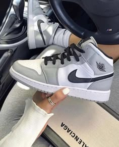 Black Gray Custom Air Jordan 1s-shecustomize Custom Jordan 1 Mid, Custom Jordans, Filmy Vintage, Dr Shoes, Jordan Shoes Girls, All Nike Shoes, Nike Air Shoes, Cute Nike, Fresh Shoes