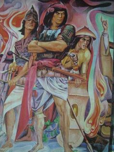 a painting of two men holding swords and standing in front of another man with his arms crossed