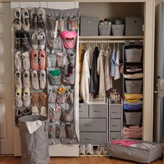 the closet is full of shoes and other items for storage, as well as clothes