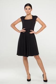 "A viscose midi dress featuring a square neckline, cap sleeves, concealed side zip, and a fit and flare silhouette. - Fit and flare silhouette - Square neckline - Cap sleeves - Knee length (midi) - Concealed side zipper. - Color: Black - Partly lined (top) Fiber: viscose - 60%, elastan - 5%, polyester - 35%,lining - 95% viscose, 5 % elastane. Estimated shipping time: 10-12 business days You may feel free choosing the size. Just send us your measurements (bust, waist, hips, height). We will defin Elegant Dress With Fitted Bodice And Cap Sleeves, Chic Stretch Dress With Square Neck, Fitted Midi Dress With Pleated Bodice And A-line Silhouette, Elegant Fitted Midi Dress With Cap Sleeves, Elegant Sleeveless Square Neck Dress For Evening, Elegant Sleeveless Square Neck Evening Dress, Classic Fitted Dress With Cap Sleeves, Chic Cap Sleeve Formal Dress, Chic Formal Dress With Cap Sleeves