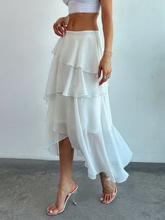 Elegant Solid Color Multi-Layered Ruffled Hem Cake Skirt For Spring And Summer, Slim Fit Beige Casual   Woven Fabric Plain Asymmetrical,Layered/Tiered Non-Stretch  Women Clothing, size features are:Bust: ,Length: ,Sleeve Length: Beach Skirts Long, White Ruffle Skirt, Long Flowy Skirt, Ruffle Maxi Skirt, The White Queen, Cake Skirt, Ideas For Outfits, Wrap Around Skirt, Beach Skirt