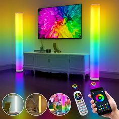 a person holding a remote control in front of a tv with colorful lights on it