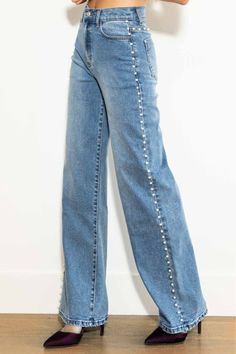 Upgrade your denim game with our PEARLY PERFECTION EMBELLISHED DENIM JEANS. Made with 99% cotton and 1% spandex, these jeans offer the perfect balance of comfort and style. The pearl embellishments add a touch of sophistication, making these jeans a versatile addition to your wardrobe. Stay on-trend and comfortable with PEARLY PERFECTION EMBELLISHED DENIM JEANS. High Rise Wide Leg Jeans, Studded Jeans, Jean Large, Stylish Jeans, Embellished Jeans, Wide Jeans, Medium Wash Jeans, Perfect Jeans, Tall Girl