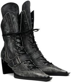 Handcrafted ankle-high buffed leather boots in black. · Distressing and fading throughout · Pointed square toe · Lace-up closure · Pin-buckle strap at vamp · Extended tongue · Zip closure at inner side · Logo embossed at molded leather footbed · Grained leather lining · Curved heel with rubber injection · Leather sole · Heel: H2.75 in Supplier color: Moto black