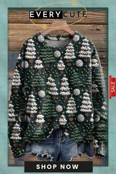 Vintage Christmas Tree Print Knit Pullover Sweater Holiday Long Sleeve Knitted Sweater, Knitted Long Sleeve Holiday Sweater, Long Sleeve Knitted Holiday Sweater, Cozy Christmas Sweater With Crew Neck, Christmas Holiday Crew Neck Sweater, Cozy Christmas Crew Neck Sweater, Festive Cozy Crew Neck Sweater, Cozy Long Sleeve Christmas Sweater, Cozy Christmas Knit Sweater