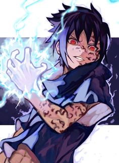 an anime character with red eyes and black hair, holding a blue lightening ball