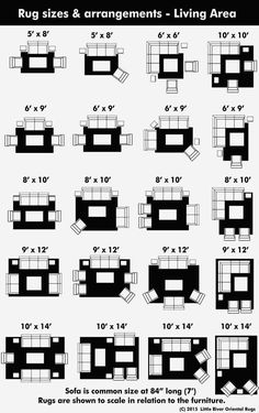 the size and arrangement of rugs and arrangements for living room furniture, including couches