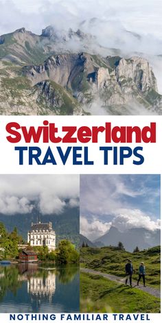 the cover of a travel guide for switzerland with mountains in the background and two people walking on