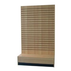 a wooden shelf with horizontal slats on it